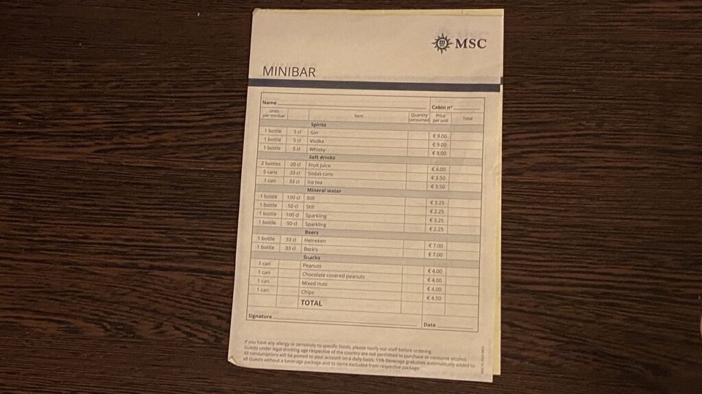 MSC Fantasia minibar