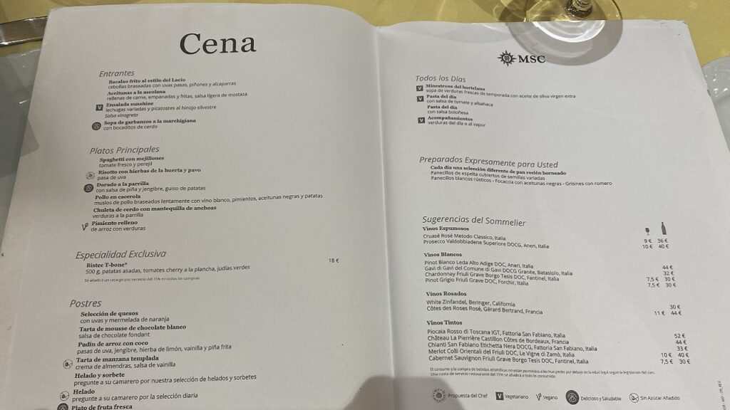 menu cena msc fantasia